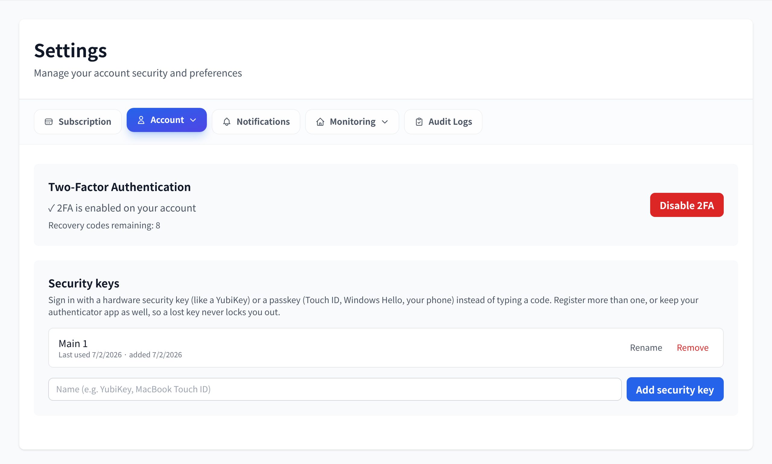 Two-factor authentication settings: authenticator app and security keys