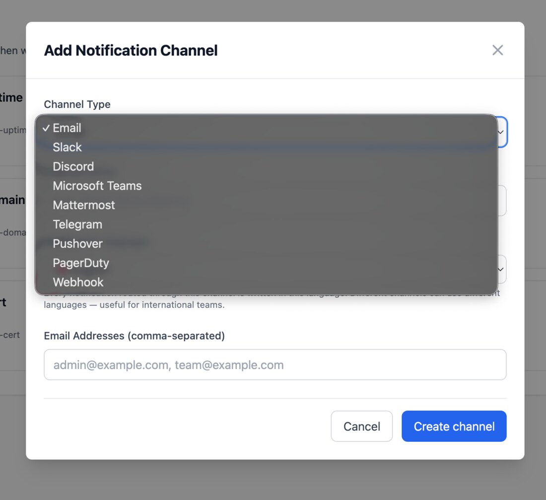 Channel-type dropdown showing nine integrations