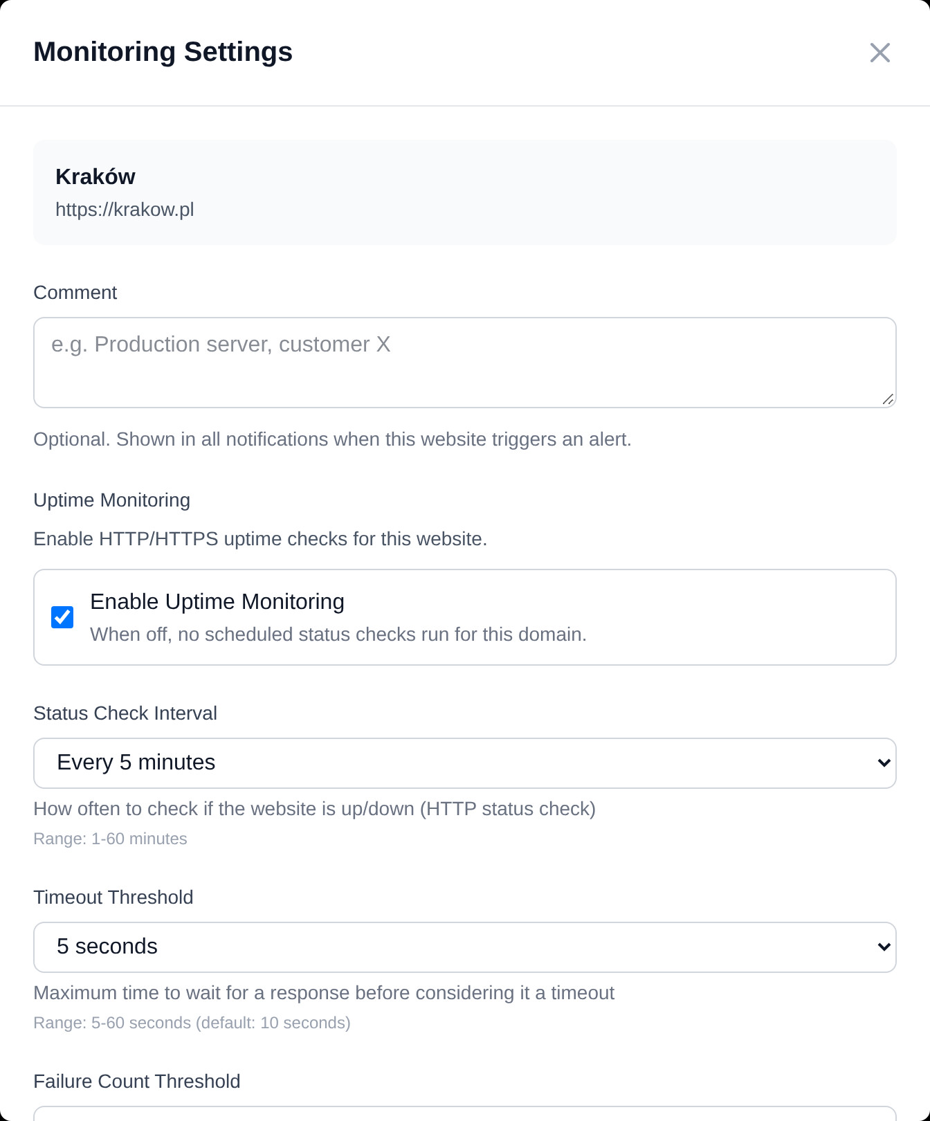 Modal delle impostazioni di monitoraggio per sito