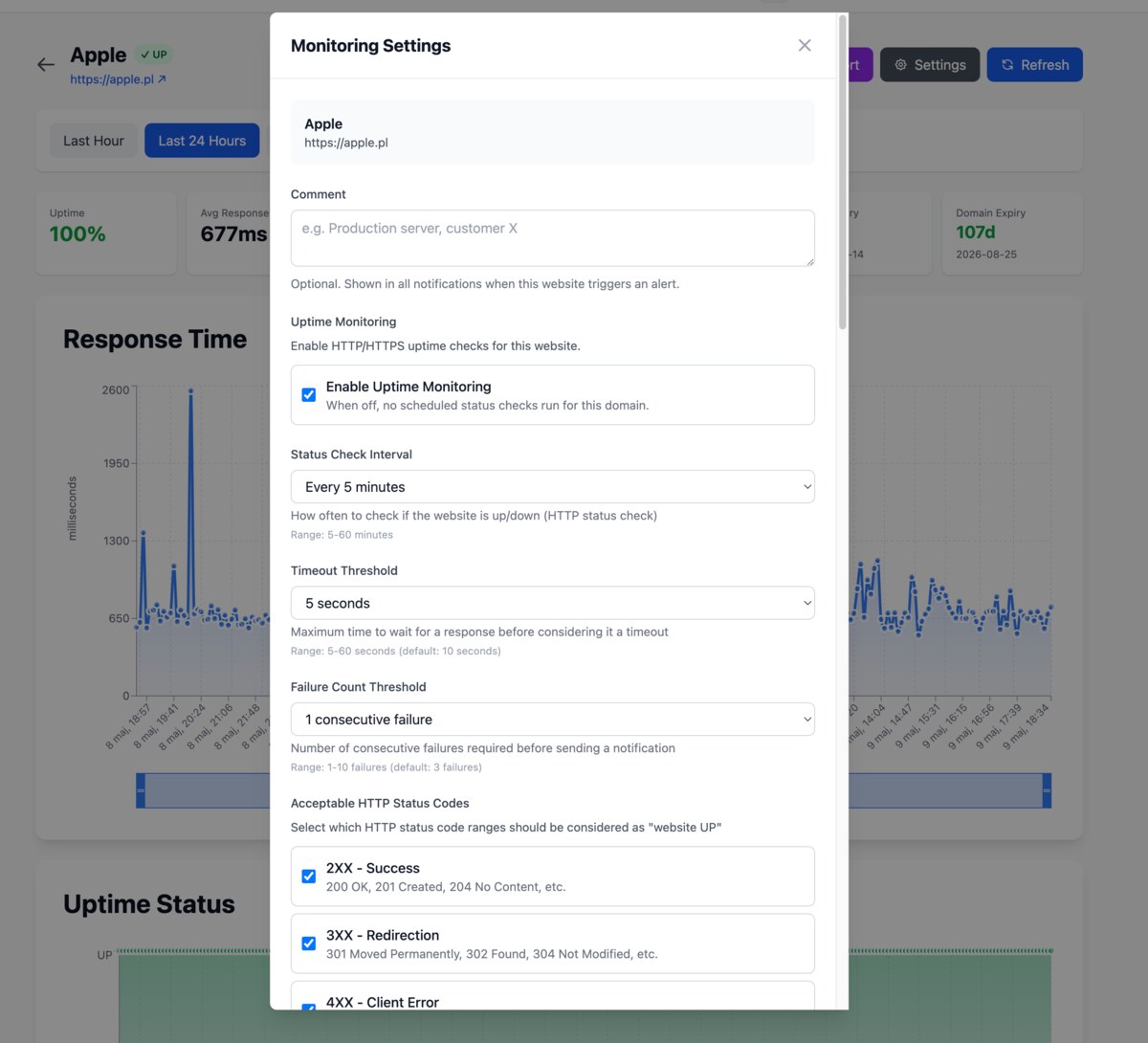 Per-website monitoring settings modal